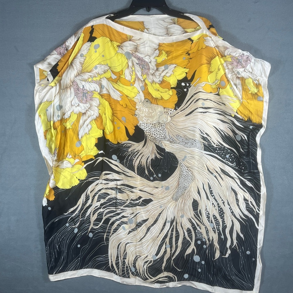 La Marey Womens Kaftan Top One Size Black Yellow Koi Fish Floral Graphic NWT
